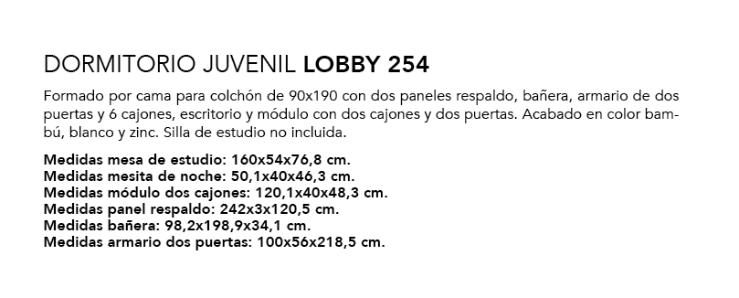 ,DORMITORIO JUVENIL LOBBY 254 Formado por cama para colch n de 90x190 con dos paneles respaldo, ba era, armario de do...