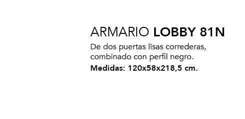 ,ARMARIO LOBBY 81N De dos puertas lisas correderas, combinado con perfil negro. Medidas: 120x58x218,5 cm