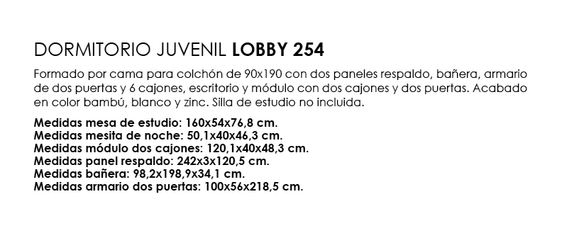 ,DORMITORIO JUVENIL LOBBY 254 Formado por cama para colch n de 90x190 con dos paneles respaldo, ba era, armario de do...