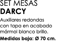 SET MESAS DARCY Auxiliares redondas con tapa en acabado m rmol blanco brillo. Medidas baja:  70 cm. 