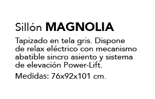 Sill n magnolia Tapizado en tela gris. Dispone de relax el ctrico con mecanismo abatible sincro asiento y sistema de ...