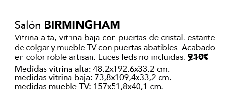 Sal n BIRMINGHAM Vitrina alta, vitrina baja con puertas de cristal, estante de colgar y mueble TV con puertas abatibl...
