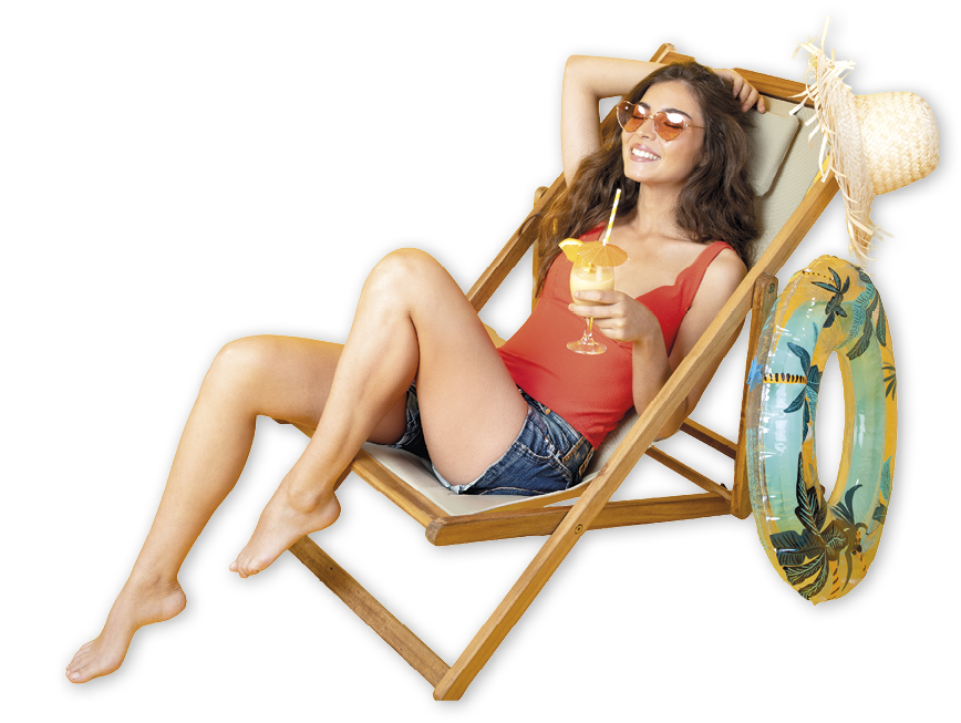 Happy young european slim woman in swimsuit, sunglasses with cocktail in hand enjoy free time on deck chair with inflatable circle isolated on yellow studio background. Fun, vacation, summertime