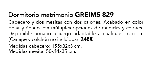 Dormitorio matrimonio GREIMS 829 Cabecero y dos mesitas con dos cajones. Acabado en color polar y bano con m ltiples...