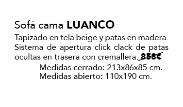 Sof cama LUANCO Tapizado en tela beige y patas en madera. Sistema de apertura click clack de patas ocultas en traser...