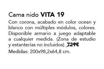 Cama nido VITA 19 Con corona, acabado en color ocean y blanco con m ltiples m dulos, colores. Disponible armario a ju...