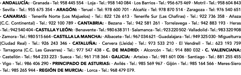 · ANDALUC A: · Granada Tel: 958 445 554 · Loja Tel.: 958 140 084 · Los Barrios Tel.: 956 675 469 · Motril Tel.: 958 6...