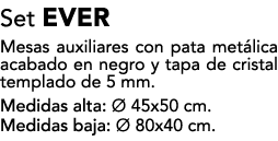 Set EVER Mesas auxiliares con pata met lica acabado en negro y tapa de cristal templado de 5 mm. Medidas alta:  45x5...